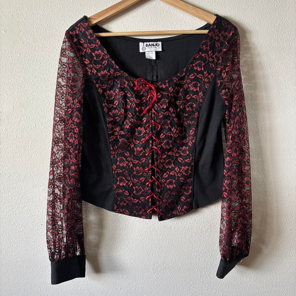 Vintage Banjo Black Red Lace Corset Long Sleeve Western Whimsygoth Blouse Medium